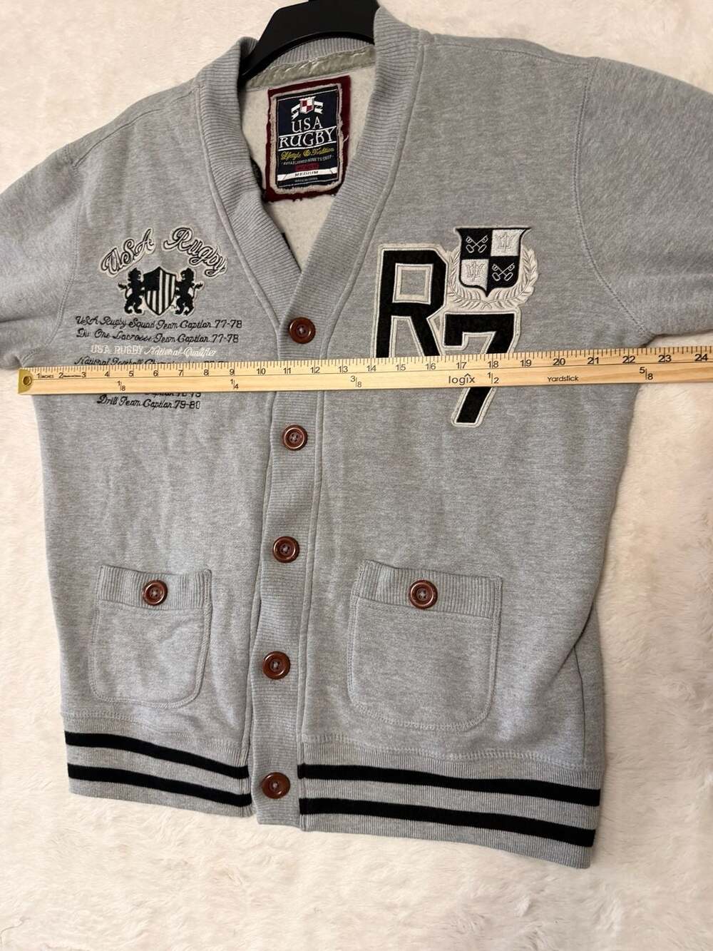 USA Rugby Cardigan Sweater Size Medium Gray R7 Varsity - Picture 4 of 8